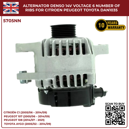 Alternator 14V 70A – 6 Rib Pulley – Citroën C1, Peugeot 107/108, Toyota Aygo – DAN1035