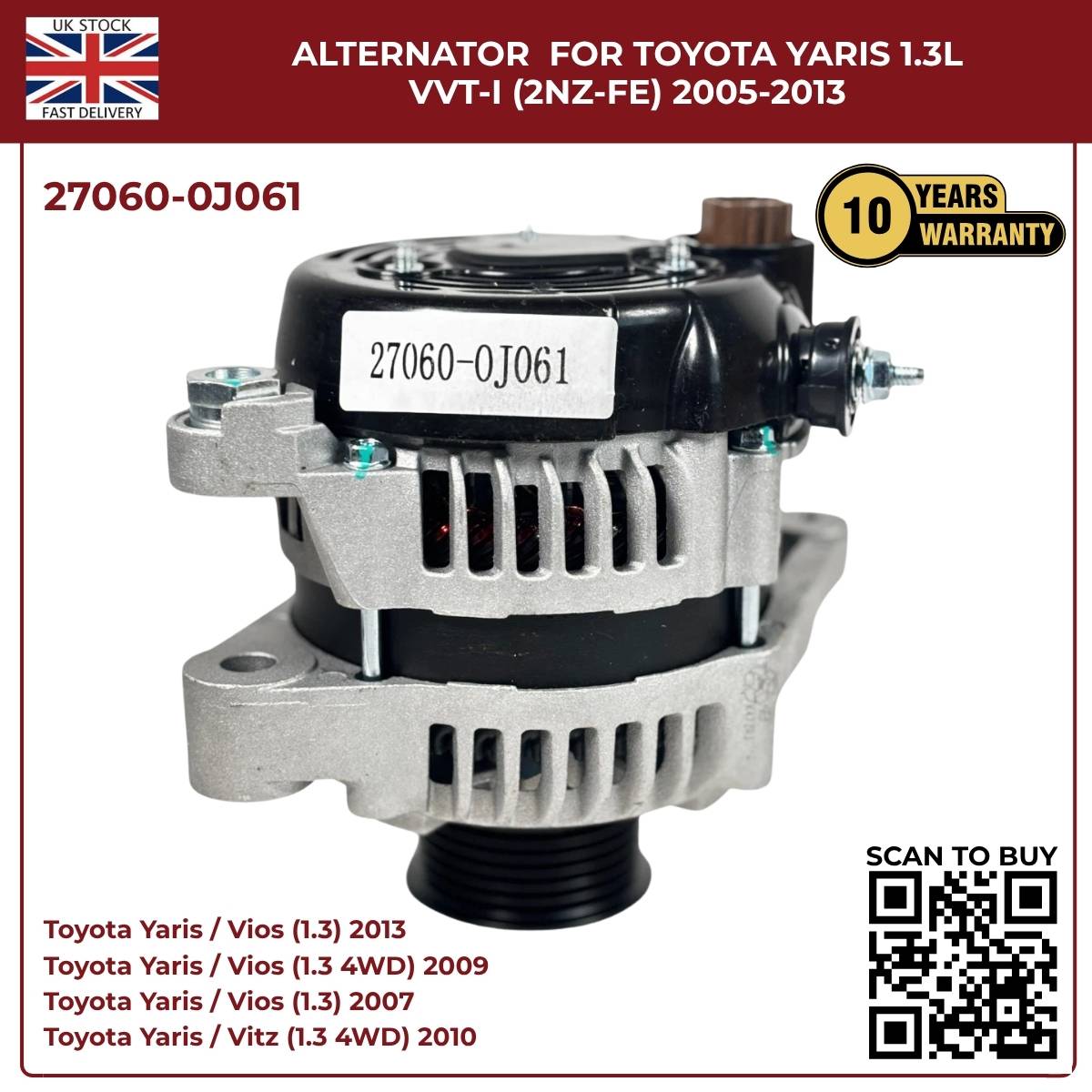 Alternator 27060-0J061 – Toyota Yaris/Vitz 1.3L VVT-i (2005–2014)