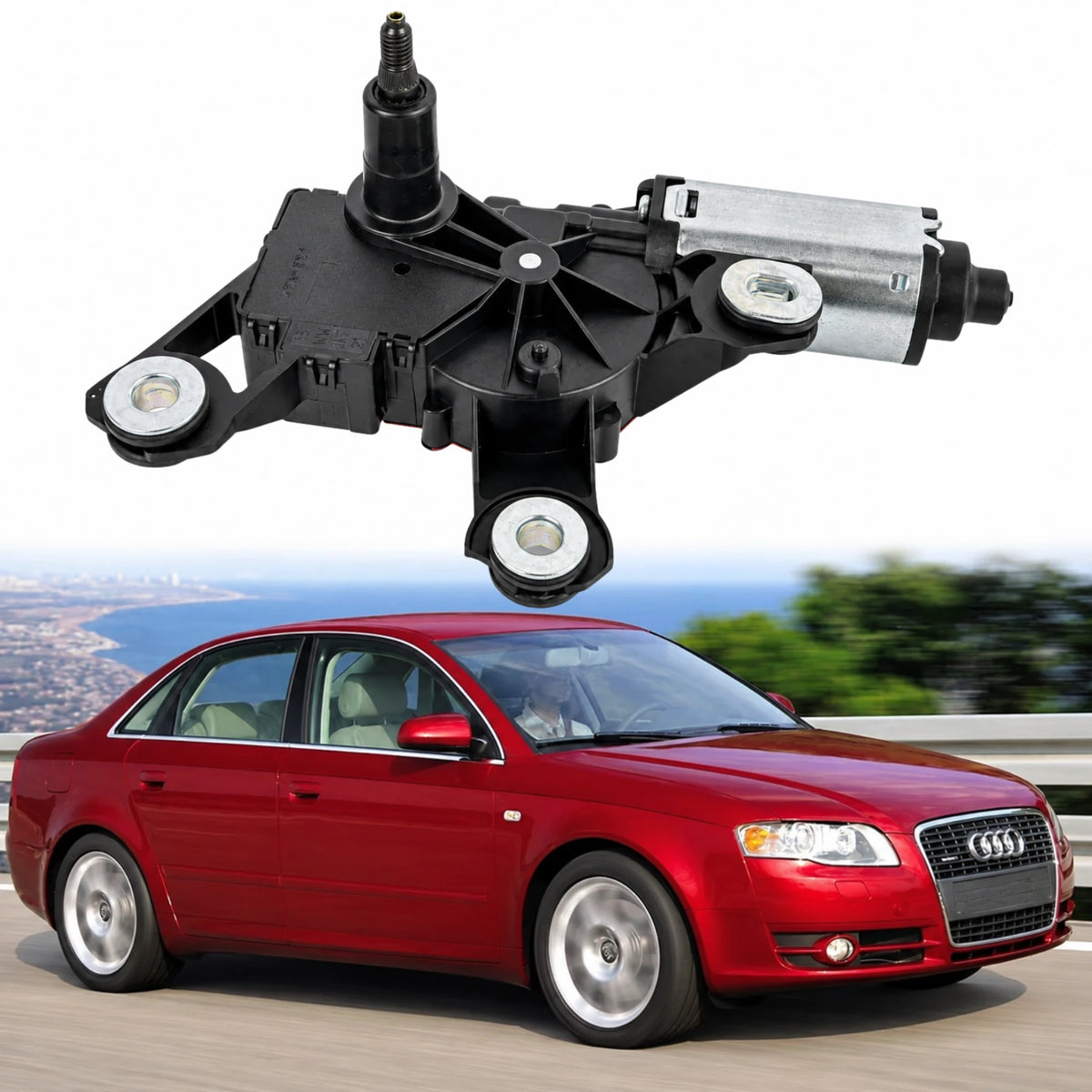 image of rear windshield wiper motor replacement for Audi A4 B7 and B8 models part number 4F9955711B