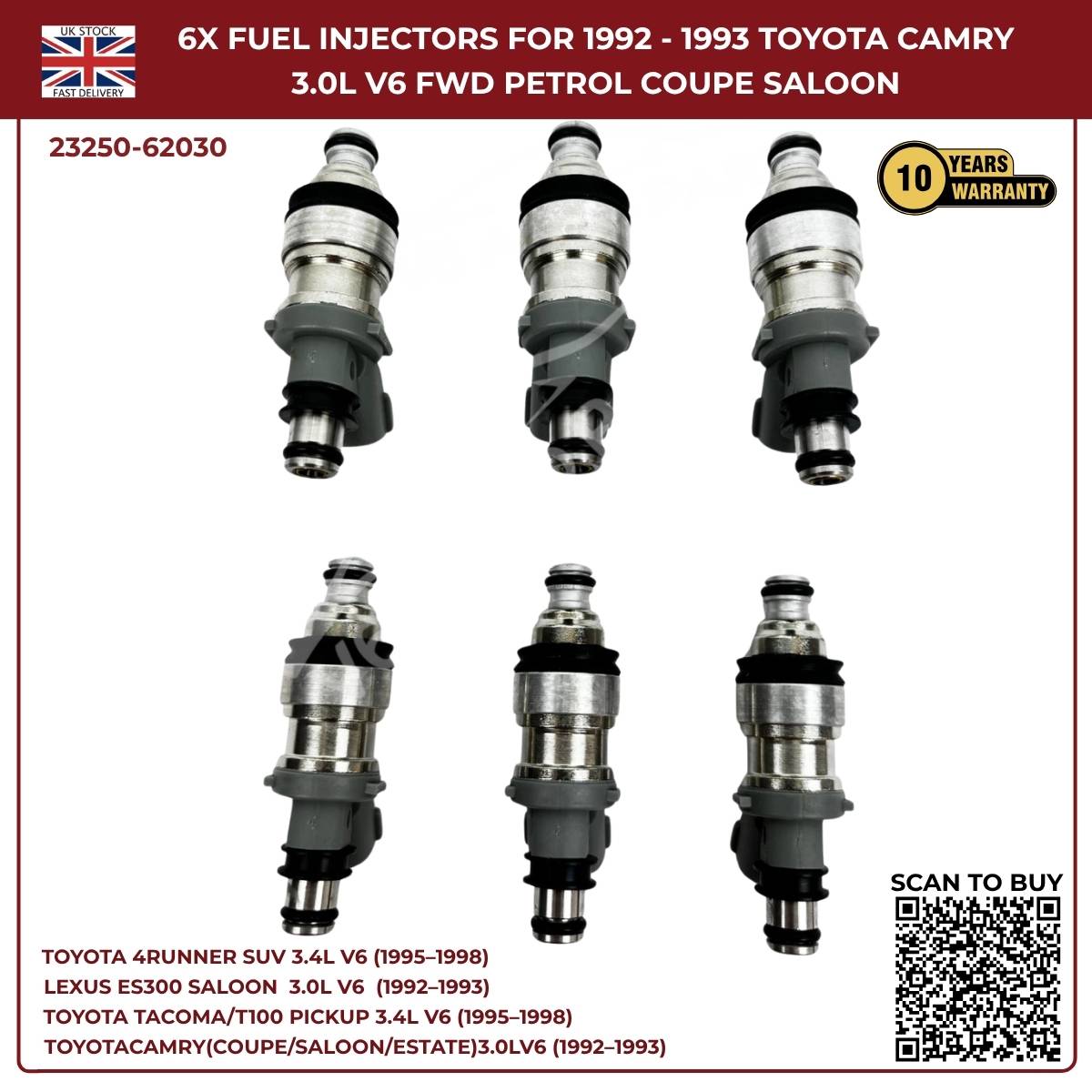 6x Fuel Injectors Set – Fits 1995–1998 Toyota 4Runner 3.4L V6 Petrol SUV (AWD/RWD) | Part #132