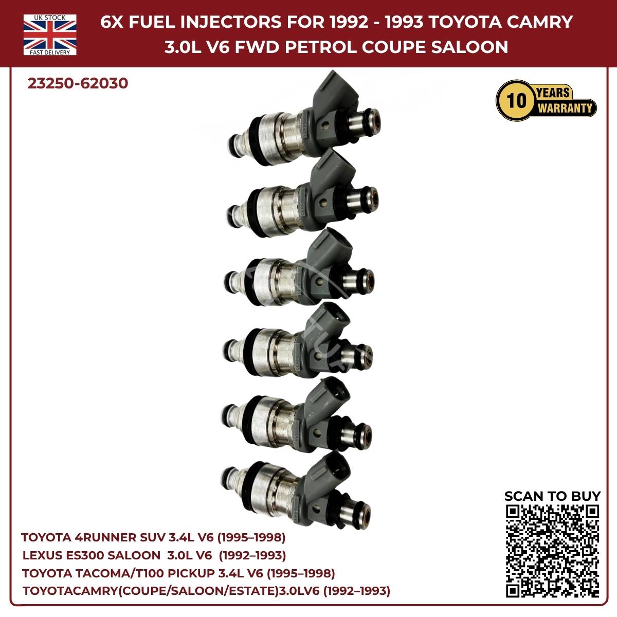 6x Fuel Injectors Set – Fits 1995–1998 Toyota 4Runner 3.4L V6 Petrol SUV (AWD/RWD) | Part #132