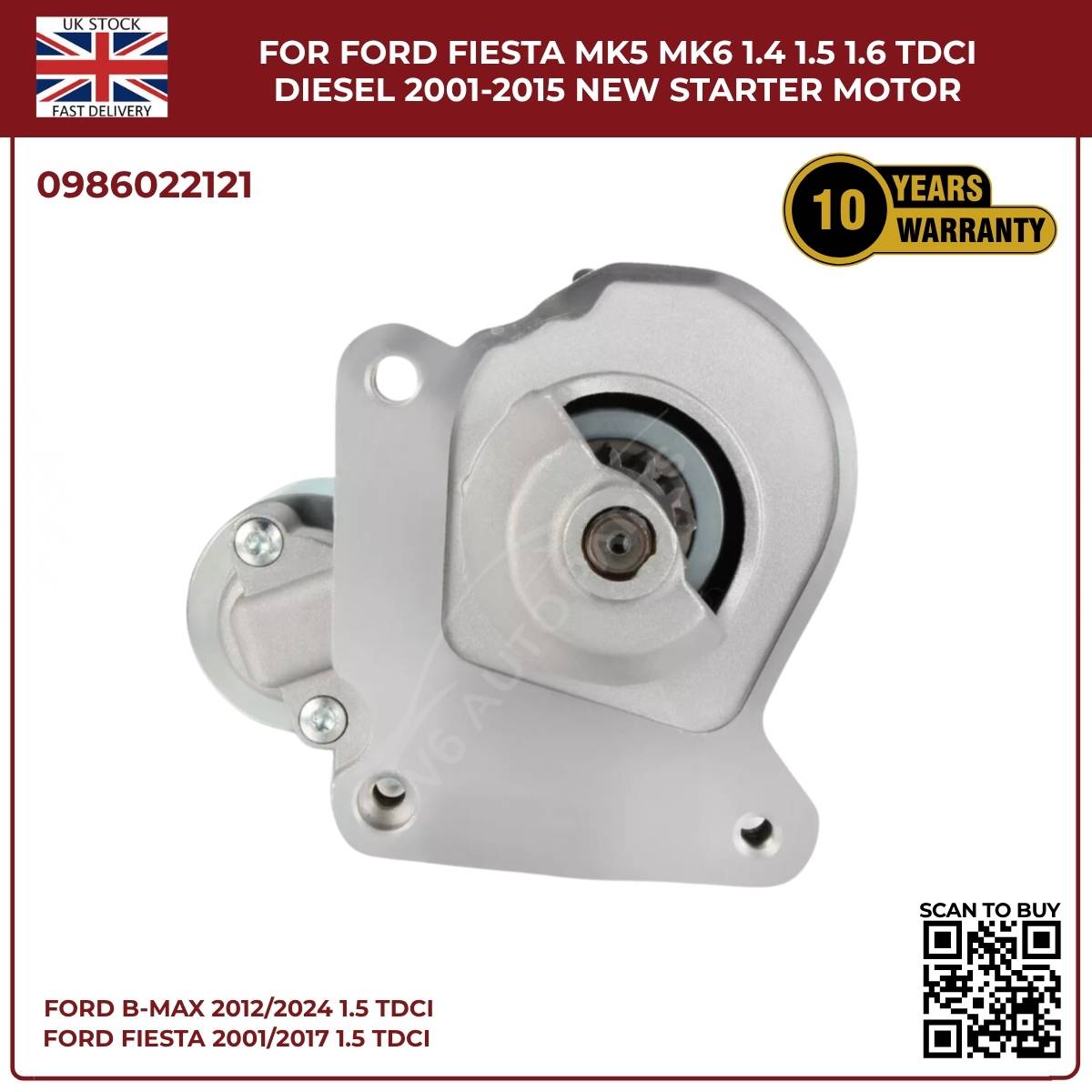 For Ford Fiesta MK5/MK6 1.4 1.5 1.6 TDCi Diesel Starter Motor (2001–2015)