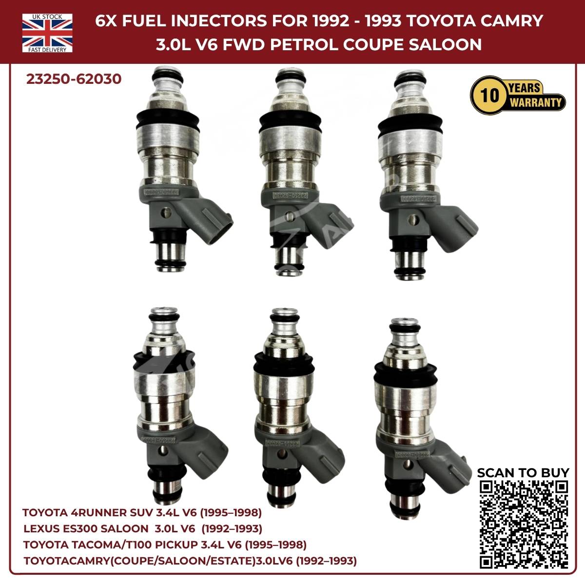 6x Fuel Injectors Set – Fits 1995–1998 Toyota 4Runner 3.4L V6 Petrol SUV (AWD/RWD) | Part #132