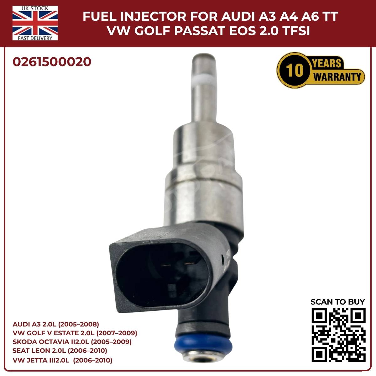 OEM Petrol Fuel Injector 0261500020 – Fits Audi A3 A4 A6 TT & VW Golf Passat EOS 2.0 TFSI