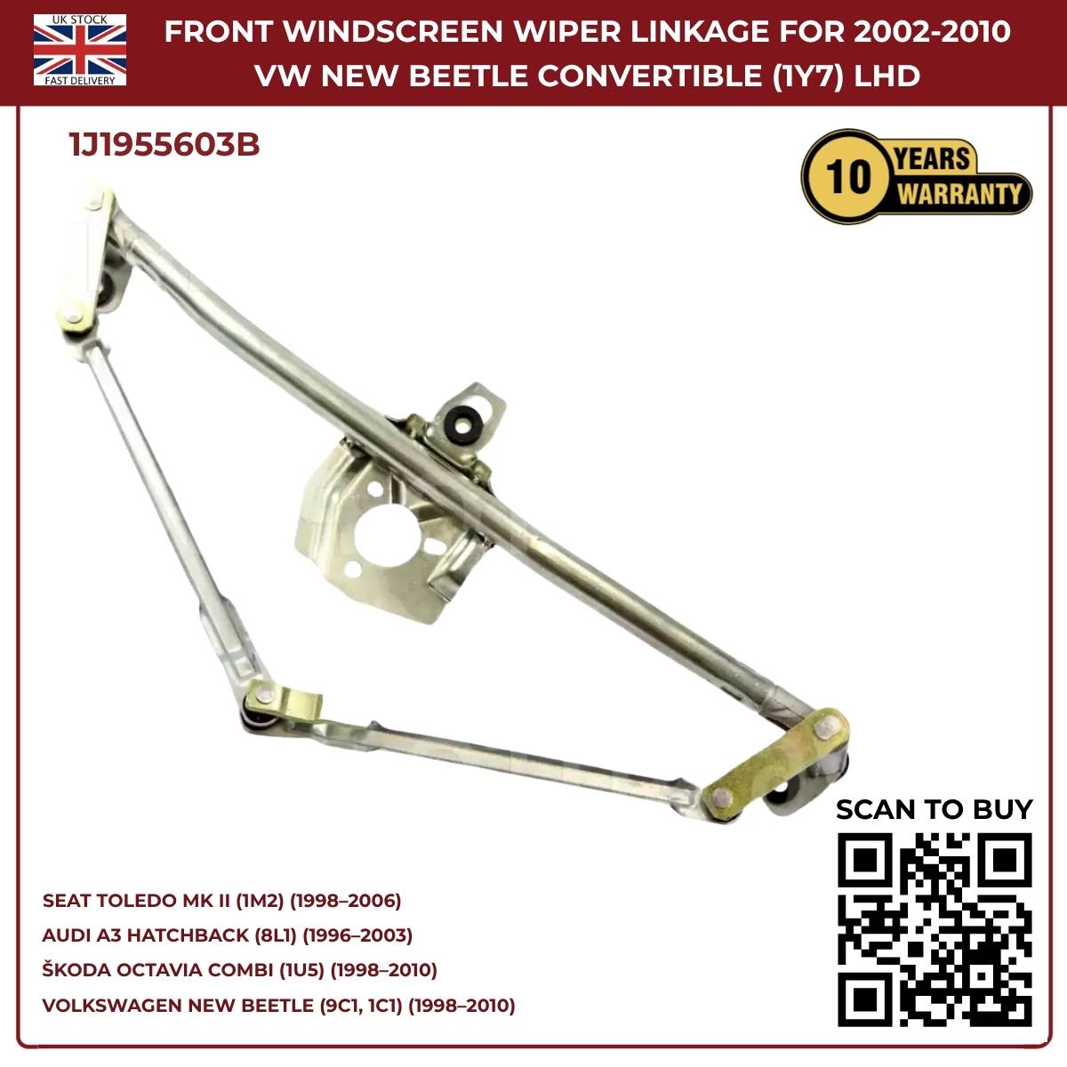 Front Windscreen Wiper Linkage – Fits 2002‑2010 VW New Beetle Convertible (1Y7) LHD | OEM 1J1955603B