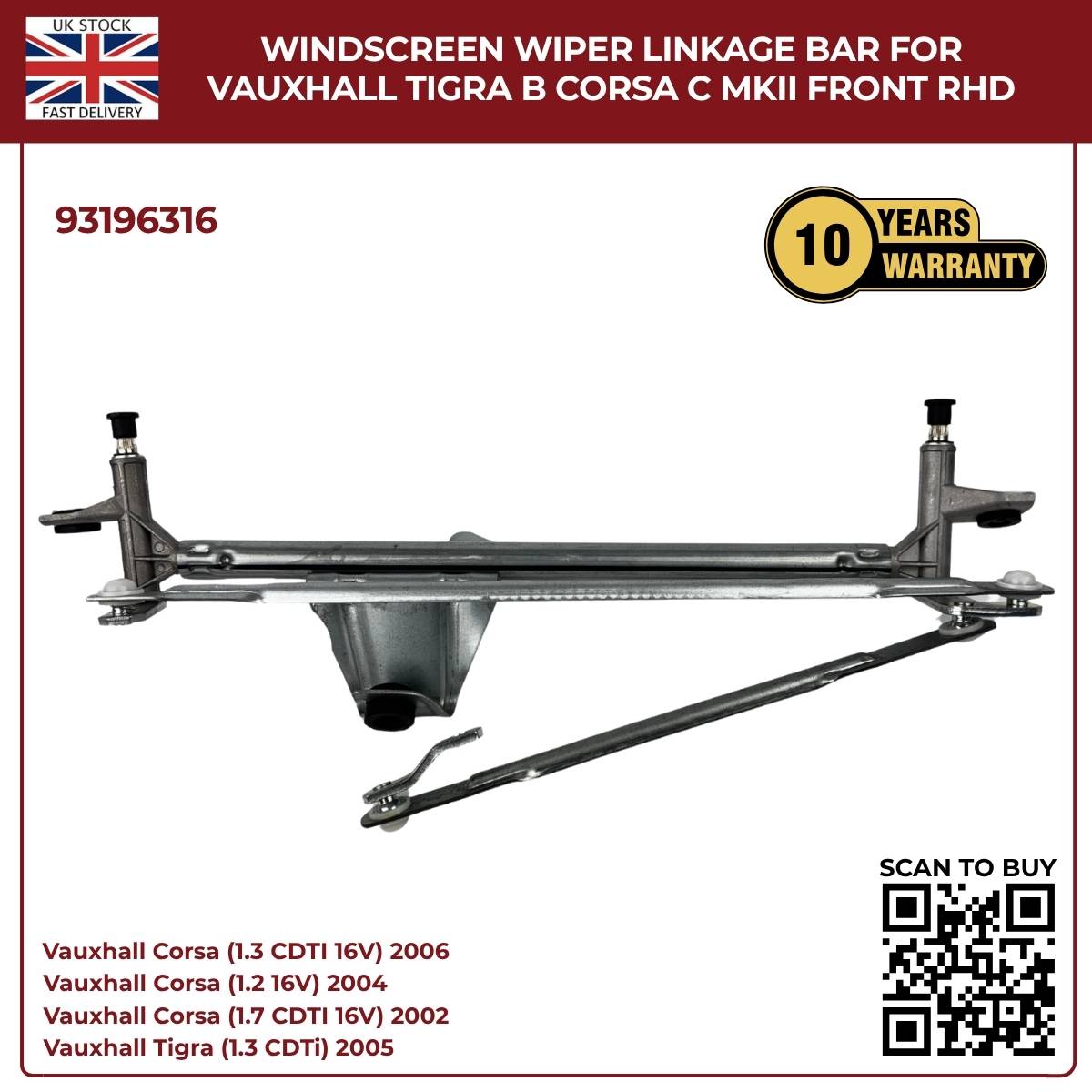 Front Windscreen Wiper Linkage Mechanism Arm for Vauxhall Corsa C Mk2 2000–2006 (Front Wiper Linkage 93196316)