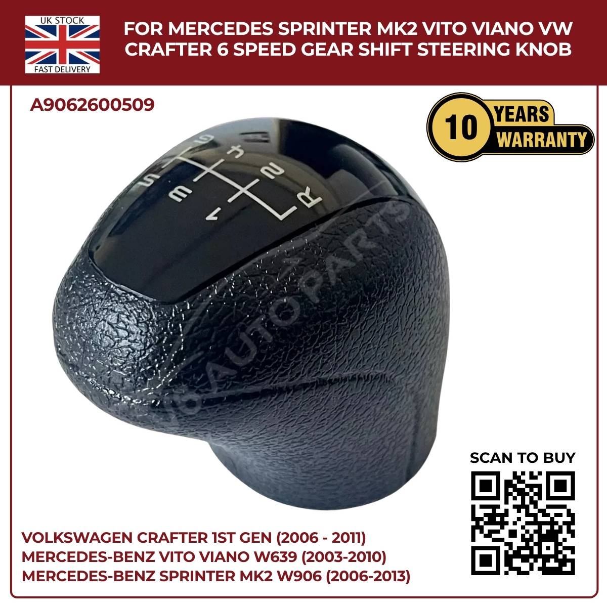 Black Leather 6‑Speed Gear Shift Knob – Fits Mercedes Sprinter MK2 W906 (2006‑2013, 3.5T / 4.5T)