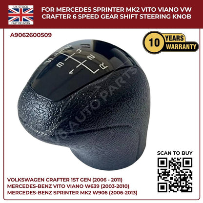 Black Leather 6‑Speed Gear Shift Knob – Fits Mercedes Sprinter MK2 W906 (2006‑2013, 3.5T / 4.5T)