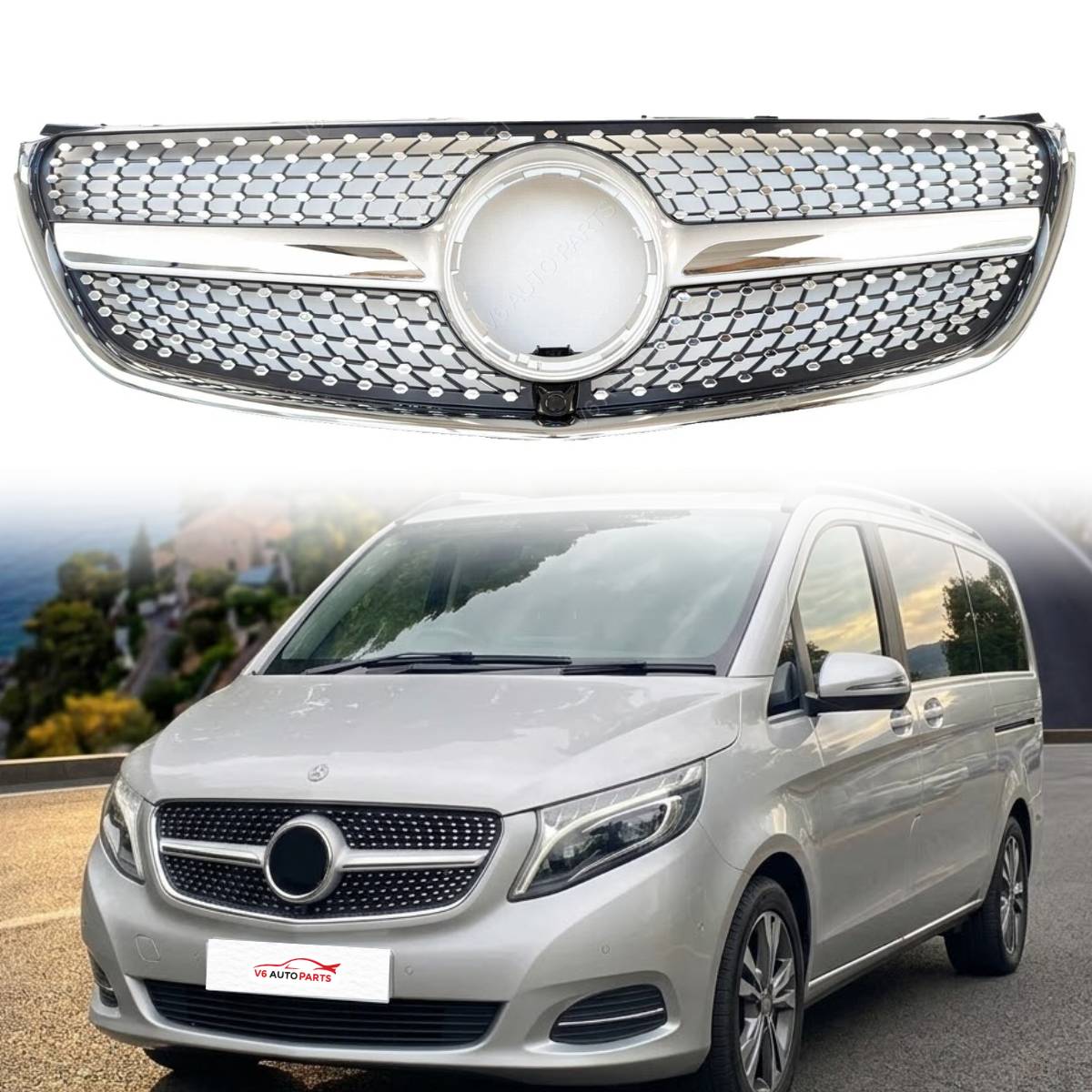 For Mercedes V-Class W447 V260 Chrome Diamond Front Radiator Grille (2015–2023)