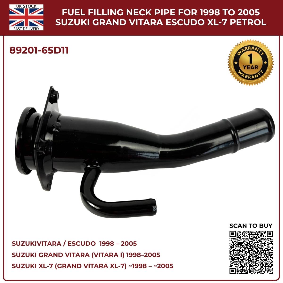 image of Suzuki Grand Vitara HT petrol fuel filler inlet pipe 89201-65D11