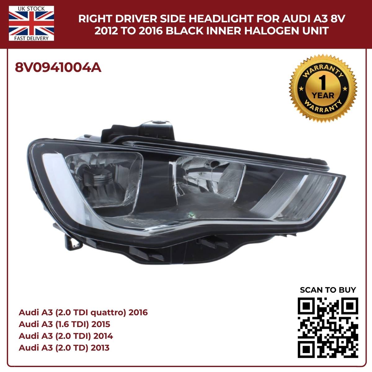 Image of Audi A3 8V Right Side Halogen Headlamp Black Housing 2012-2016 8V0941004A