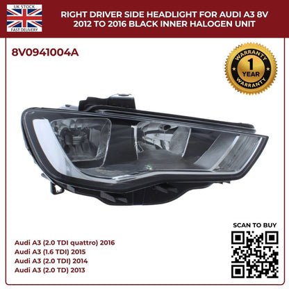 Image of Audi A3 8V Right Side Halogen Headlamp Black Housing 2012-2016 8V0941004A