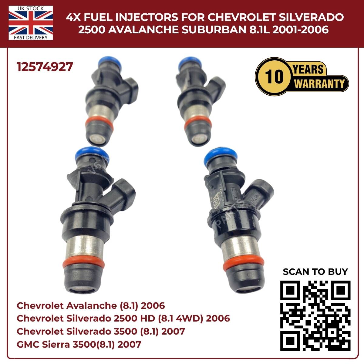 Set of 4 Fuel Injectors | Fits 2001–2006 Chevy Silverado 2500HD, Avalanche 2500, Suburban 2500 | 8.1L Vortec V8 OEM Replacement