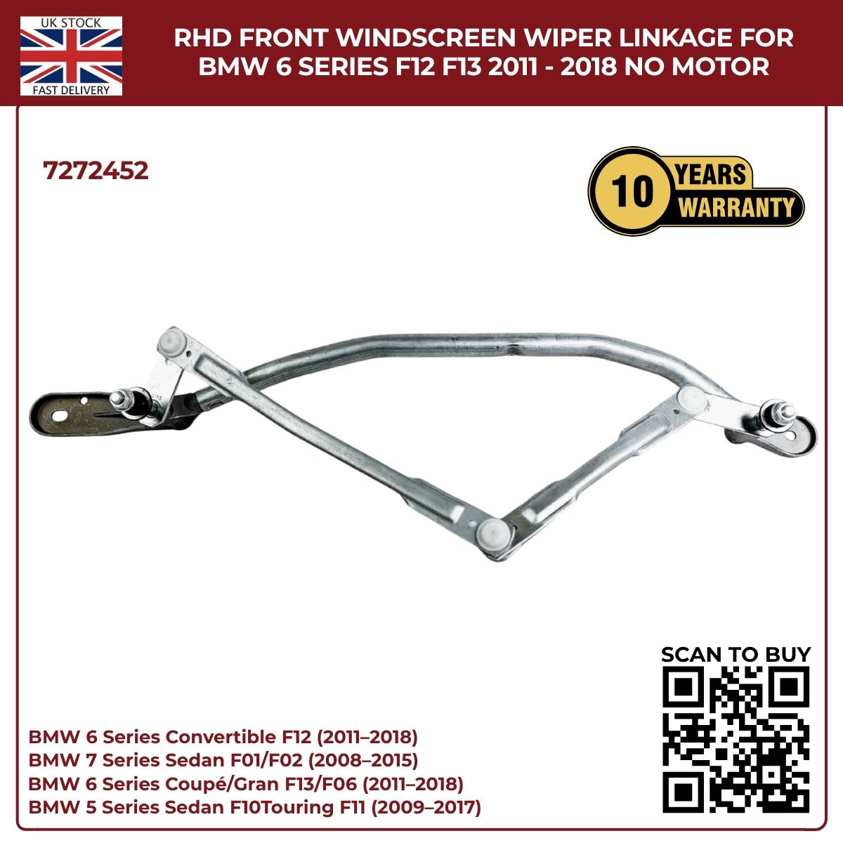 BMW RHD Front Wiper Linkage Assembly – Fits 2009‑2017 5 Series F10/F11 & 6 Series – Part No. 7272452