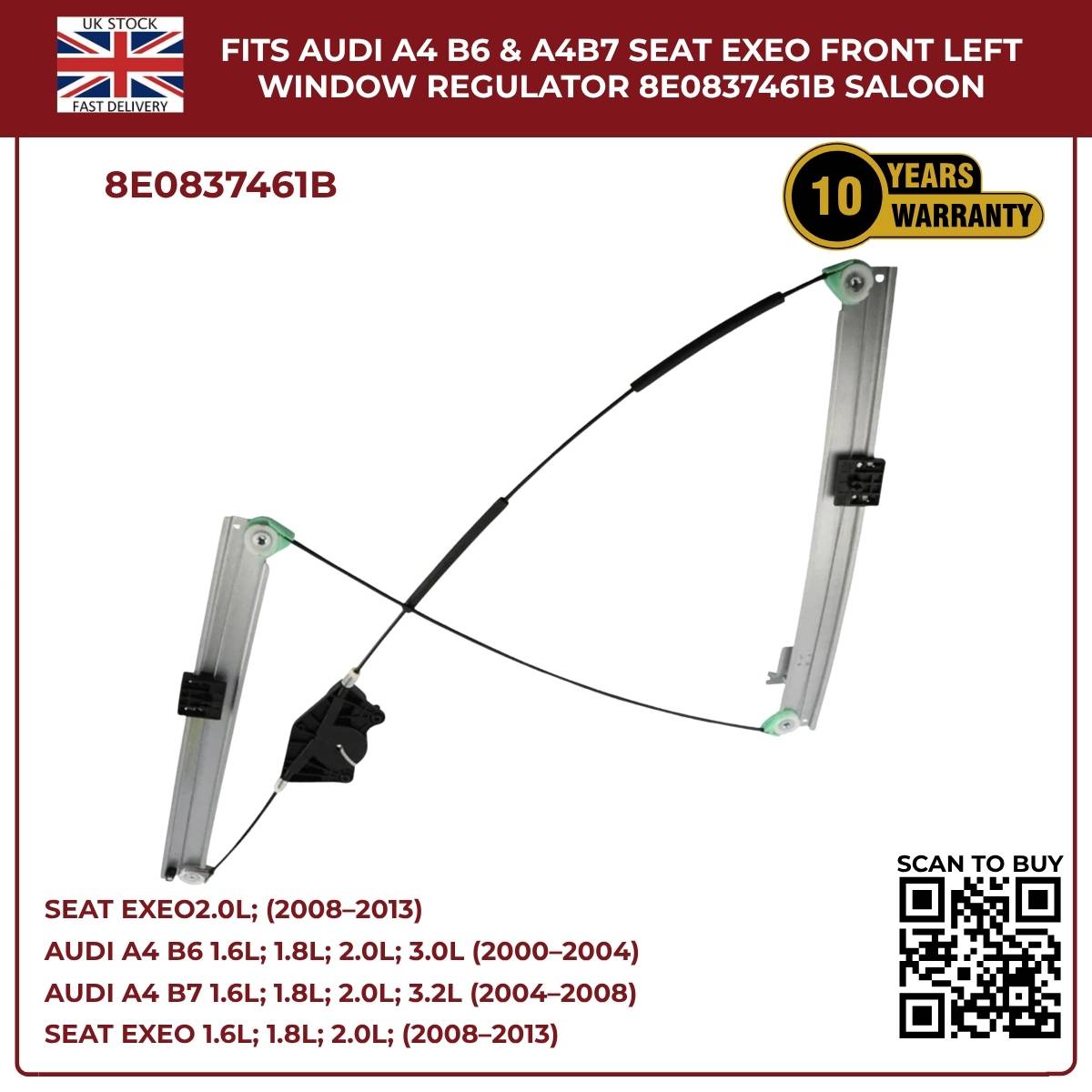 Audi A4 B6/B7 Front Left Window Regulator 2000–2008 | OEM 8E0837461B