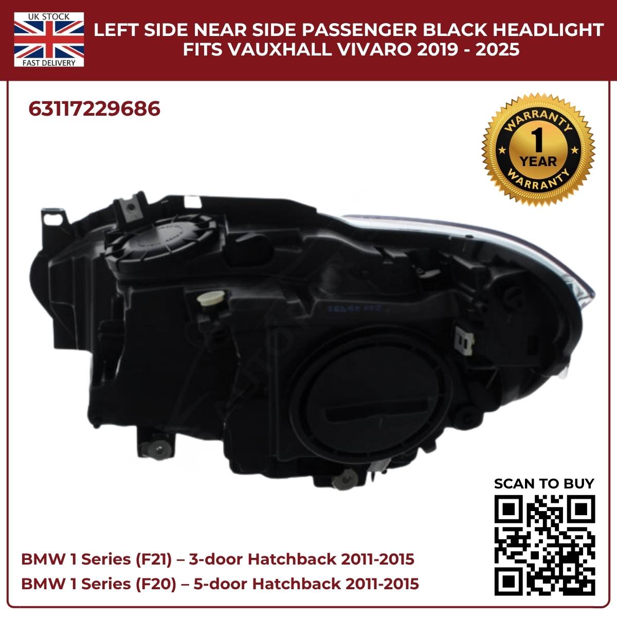 For BMW 1 Series F20/F21 Halogen Headlight – Right Side | 2011‑2015 RHD | Black Inner Housing | 63117229686