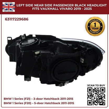 For BMW 1 Series F20/F21 Halogen Headlight – Right Side | 2011‑2015 RHD | Black Inner Housing | 63117229686
