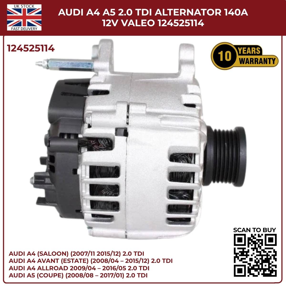 Bosch/VALEO Alternator 140A 12V – Fits Audi A4 A5 2.0 TDI – Part No. 0124525114