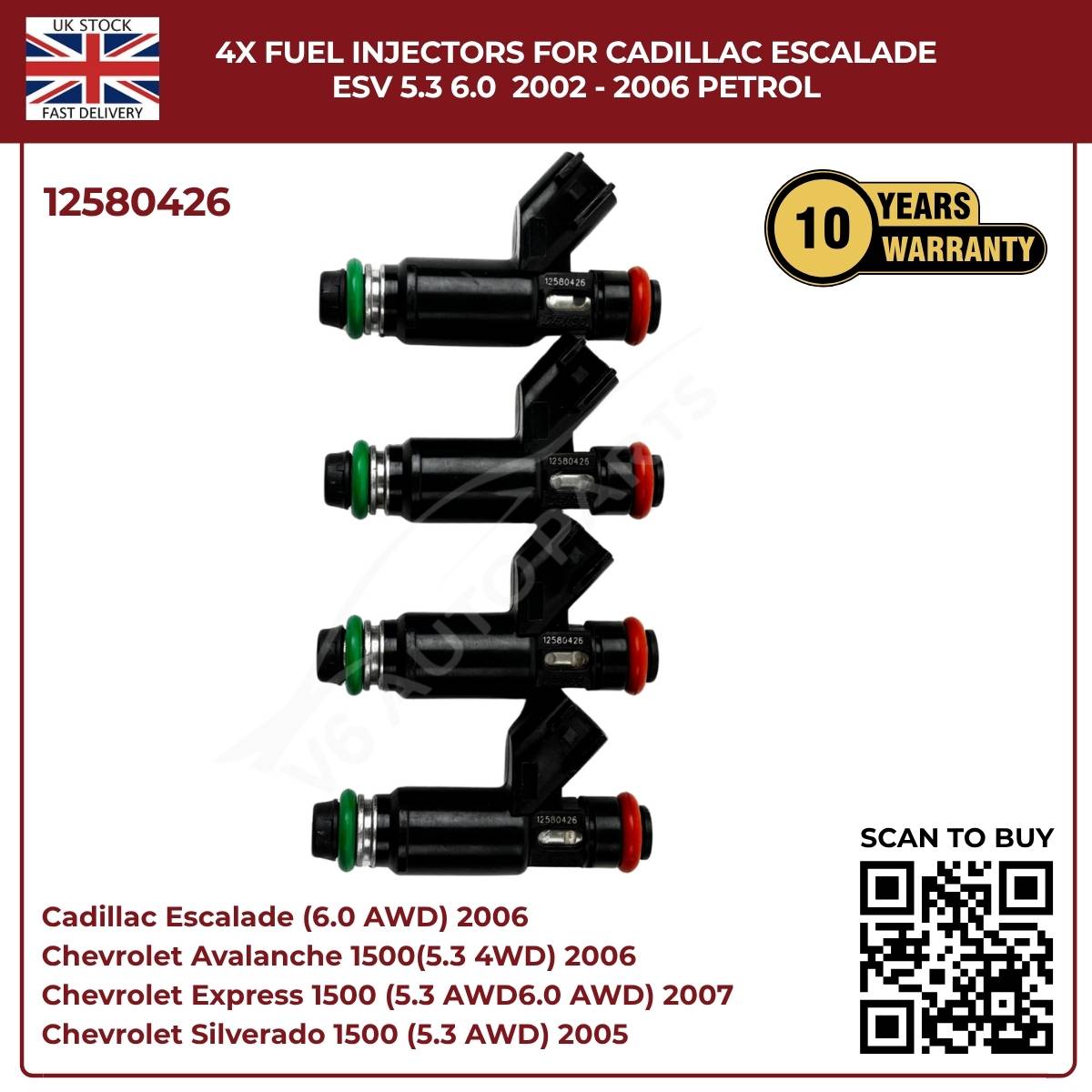 4× Fuel Injectors 12580426 – Fits 2002–2006 Cadillac Escalade ESV 5.3L & 6.0L Petrol Flex Fuel