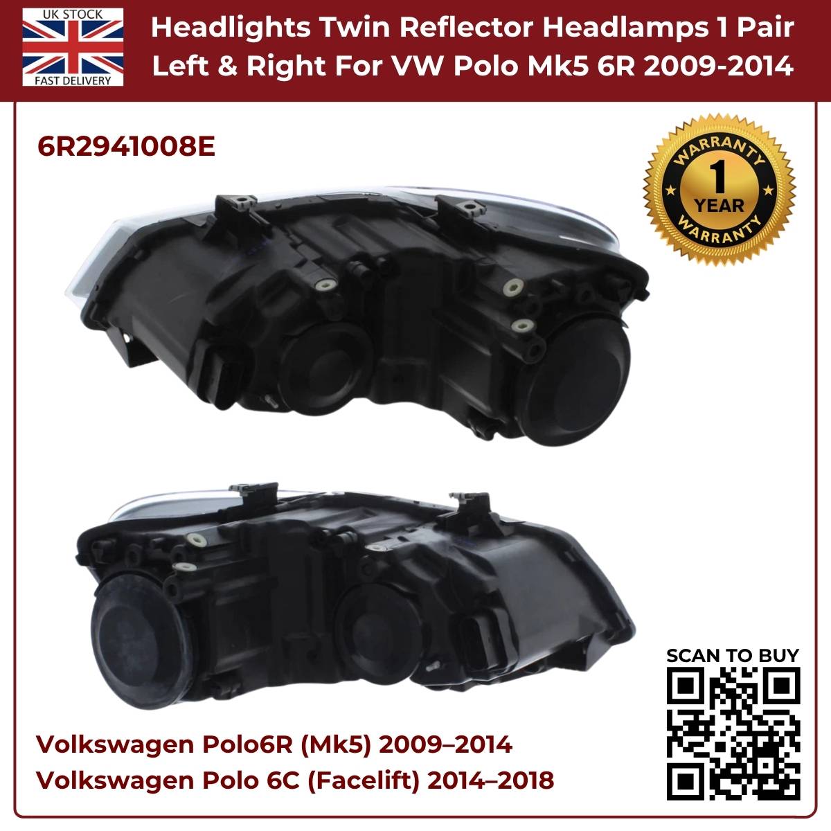 Image of VW Polo 2009–2014 Twin Reflector Headlights – 6R2941008E