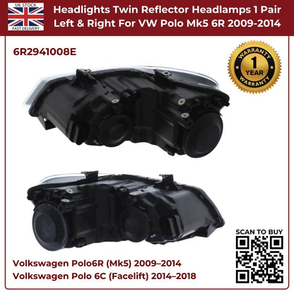 Image of VW Polo 2009–2014 Twin Reflector Headlights – 6R2941008E
