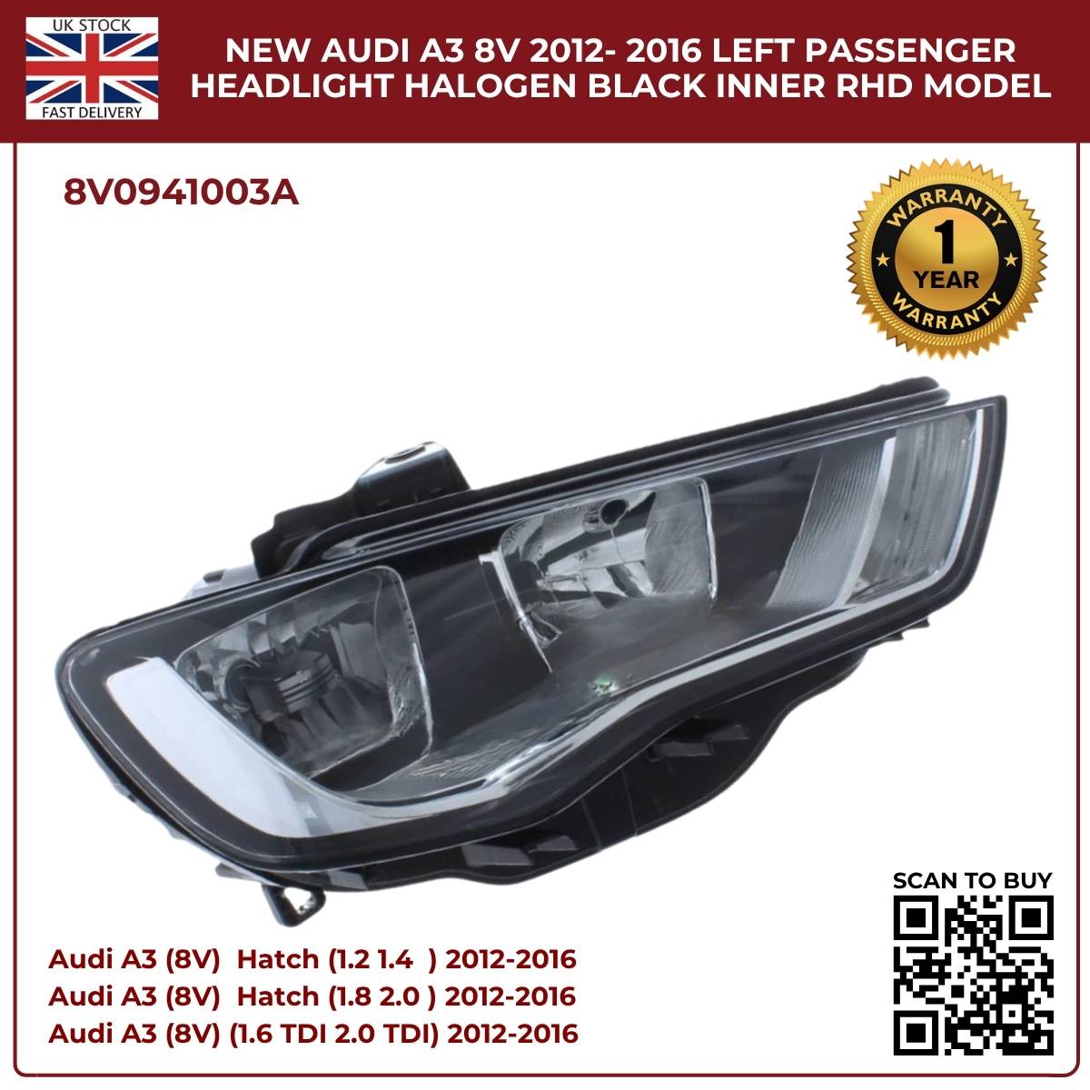 Image of Audi A3 Passenger Side Headlight Assembly – 8V0941003A