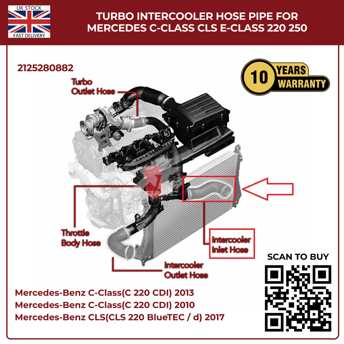 Turbo Intercooler Hose Pipe for Mercedes-Benz C-Class, CLS & E-Class 220/250 CDi BlueTEC – OEM 2125280882