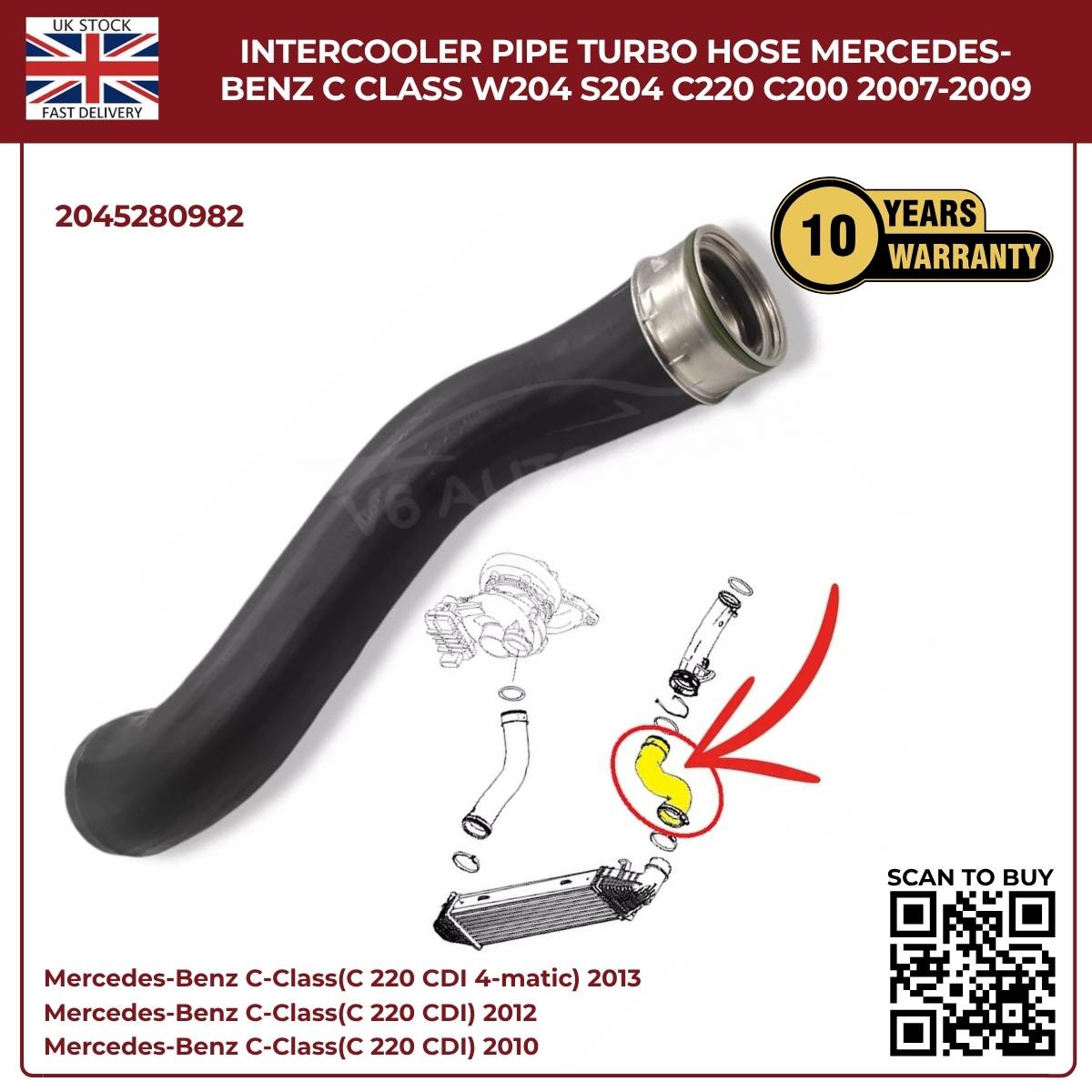 image of C Class C220 C200 intercooler pipe 2007 to 2009 2045280982
