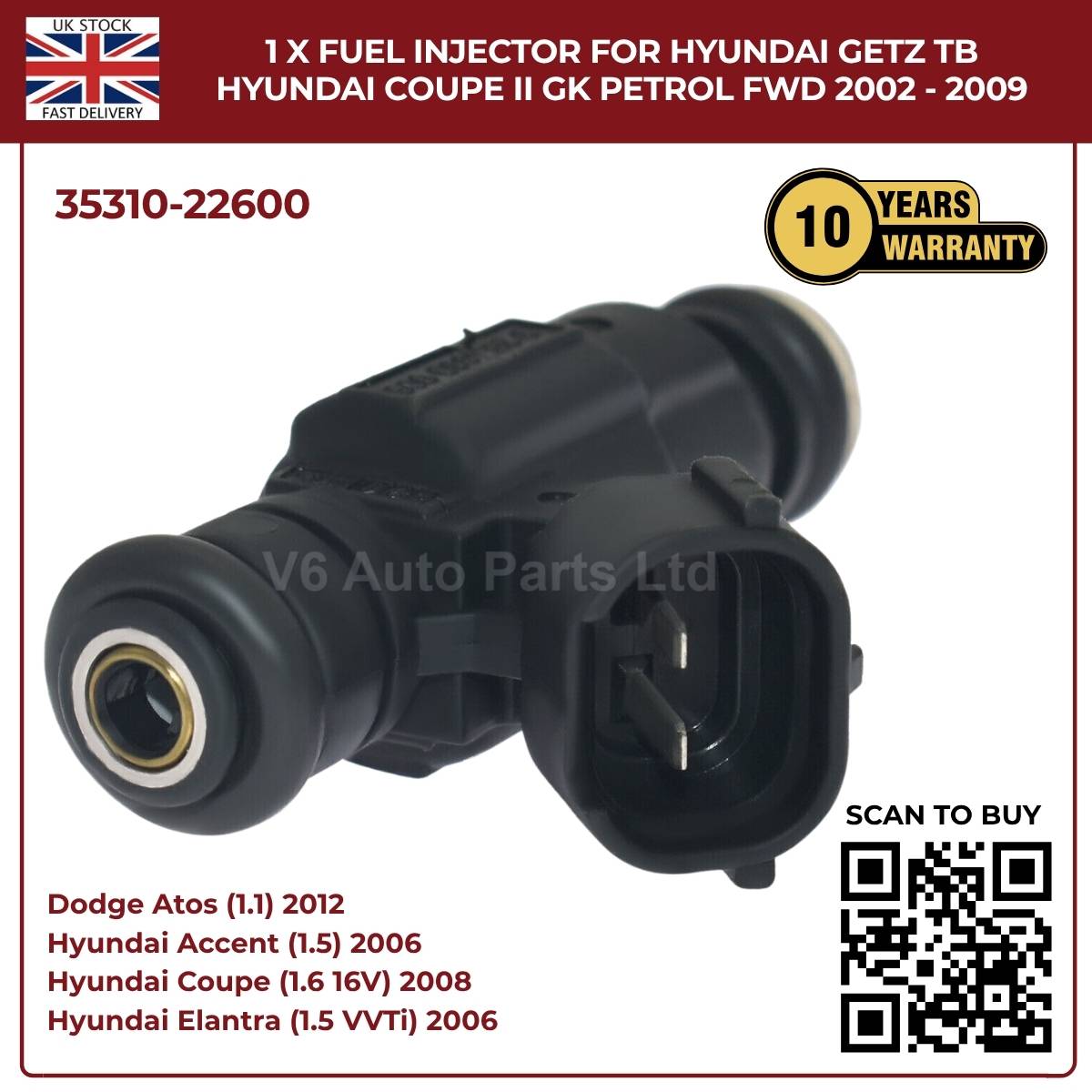1 x Fuel Injector 35310‑22600 – Fits 2002‑2009 Hyundai Getz TB & Coupe II GK Petrol FWD