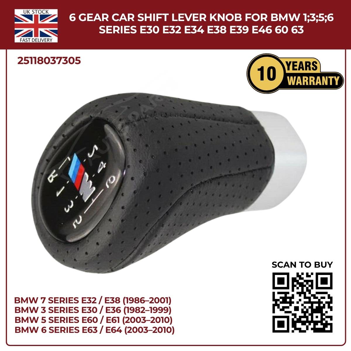 BMW 1 3 5 6 Series 6‑Speed Gear Shift Knob – Leather Top, ABS – Fits E30 E32 E34 E38 E39 E46 E53 E60 E63