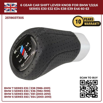 BMW 1 3 5 6 Series 6‑Speed Gear Shift Knob – Leather Top, ABS – Fits E30 E32 E34 E38 E39 E46 E53 E60 E63