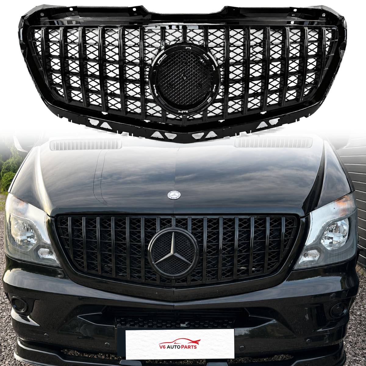 GT Panamericana Style Front Bumper Grille for Mercedes-Benz Sprinter 313 W906 (2013–2018 Facelift) – Gloss Black Radiator Grille Replacement