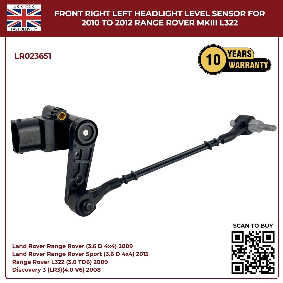 Image of Front right left headlight level sensor for 2010 to 2012 Range Rover MKIII L322 with a 10-year warranty on a white background.
