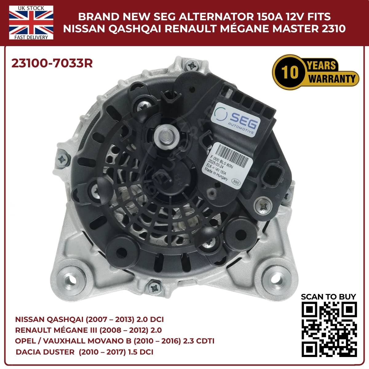 Alternator 23100‑7033R 12V 150A – Renault Master MK3, Vauxhall Movano B MK2, Nissan NV400
