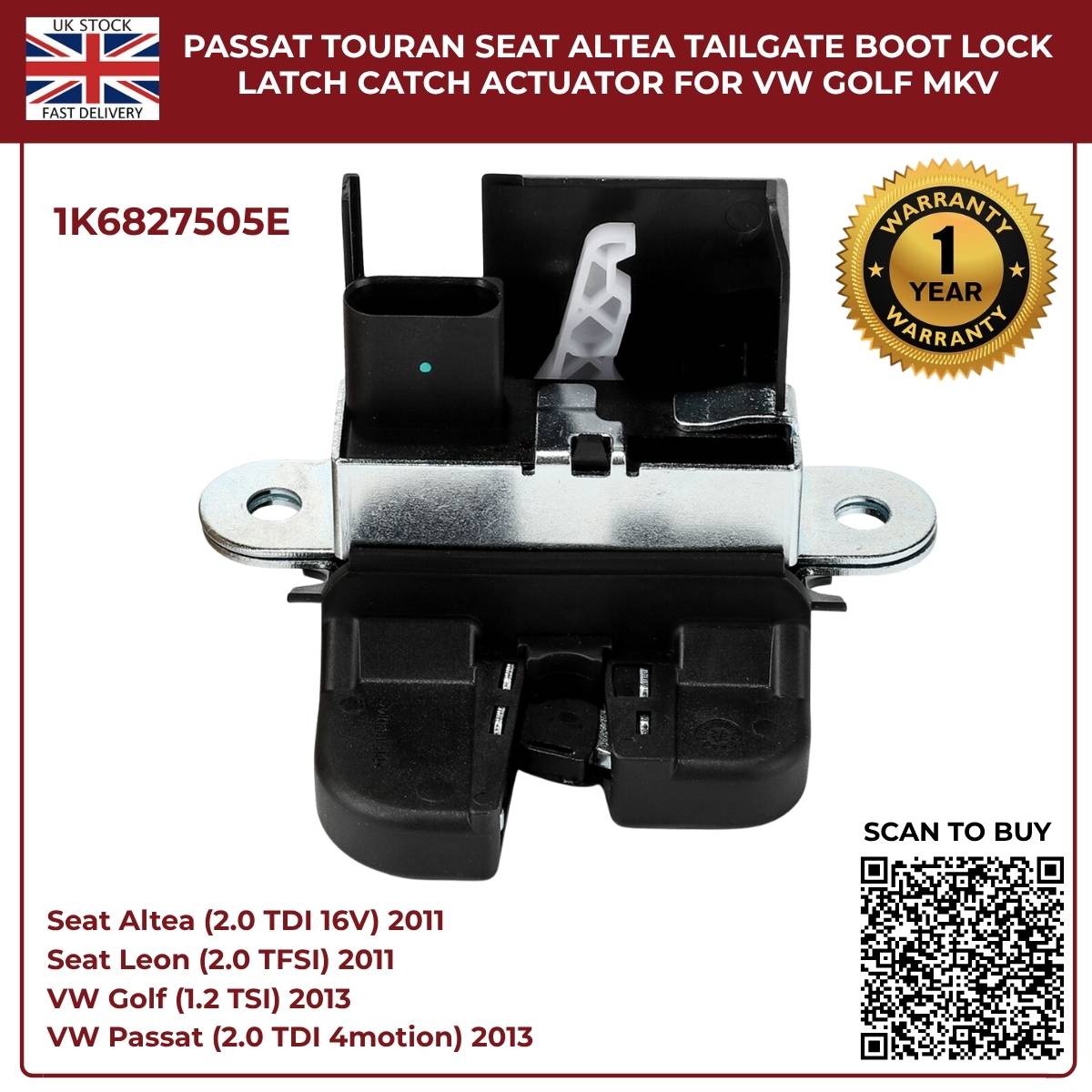 Tailgate Boot Lock Latch Catch Actuator – Fits VW Golf Mk5 Mk6, Passat, Touran, Seat Altea Leon Toledo