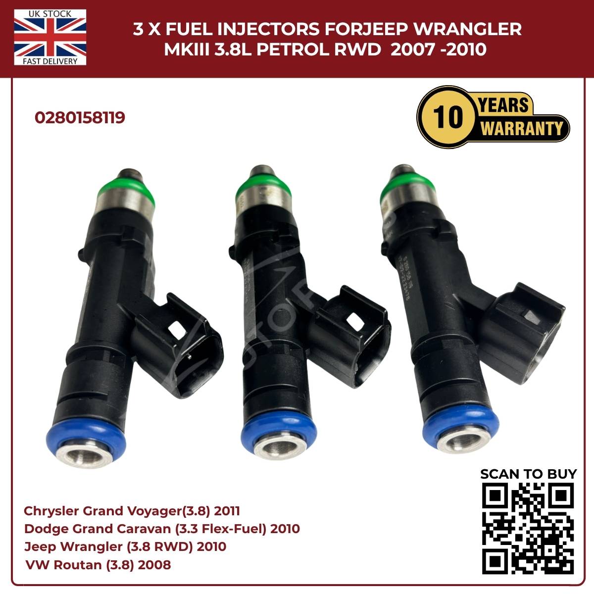 3x Fuel Injectors 0280158119 – Fits 2007–2010 Jeep Wrangler MKIII 3.8L Petrol RWD | OE Replacement