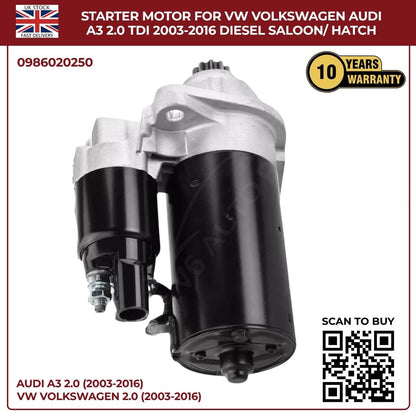 Starter Motor for VW & Audi A3 2.0 TDI (2003–2016) Diesel Saloon/Hatchback