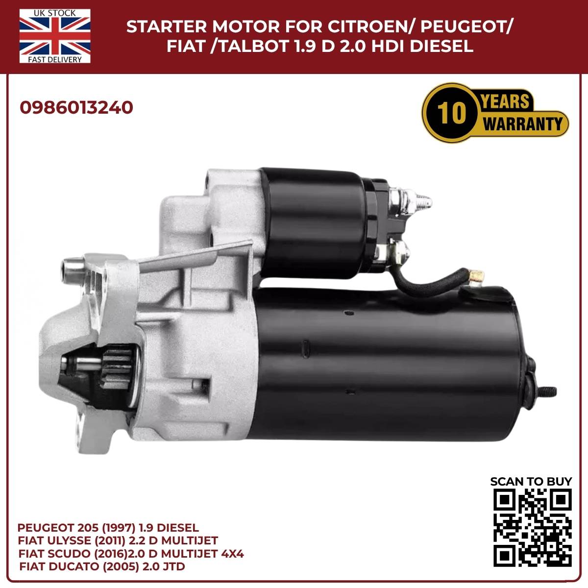 Starter Motor for Citroen / Peugeot / Fiat / Talbot – 1.9D & 2.0 HDI Diesel | Ref 0986013240