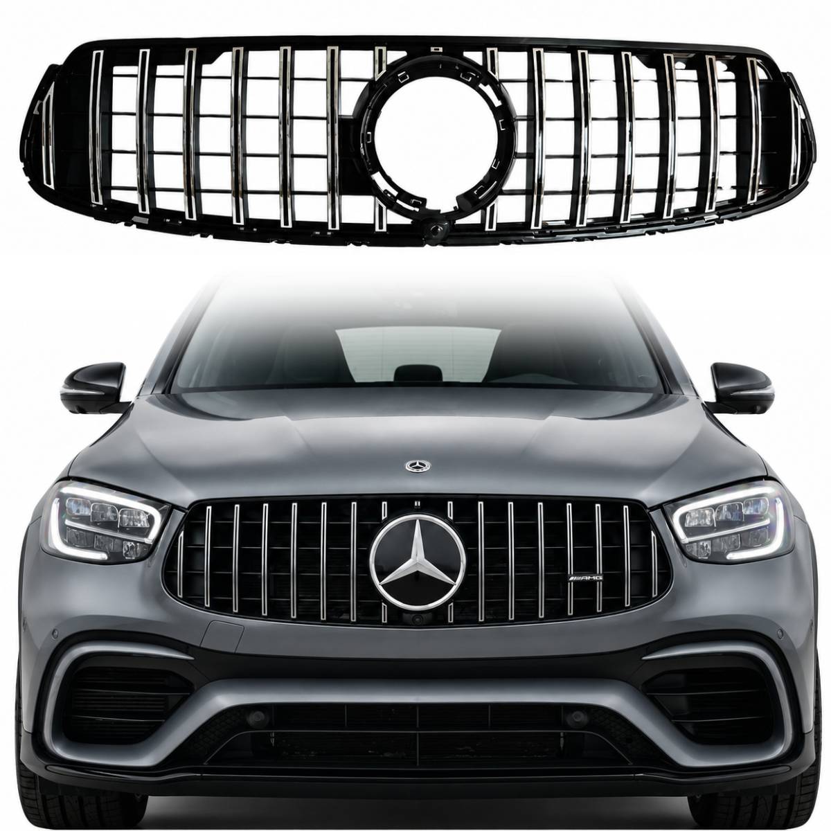 Front Bumper Chrome Slats GT Sport Grille | Fits 2019–2023 Mercedes-Benz GLC-Class W253/C253 Coupe GLC300 & GLC43 (Facelift)