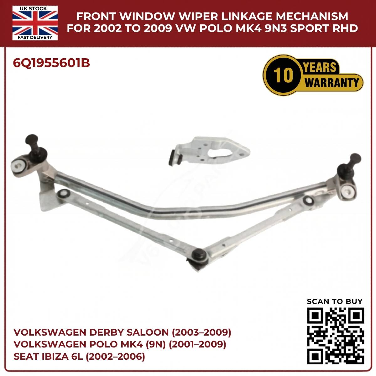 image of VW Polo Mk4 2002–2009 Front Windshield Wiper Linkage Mechanism 6Q2955601B