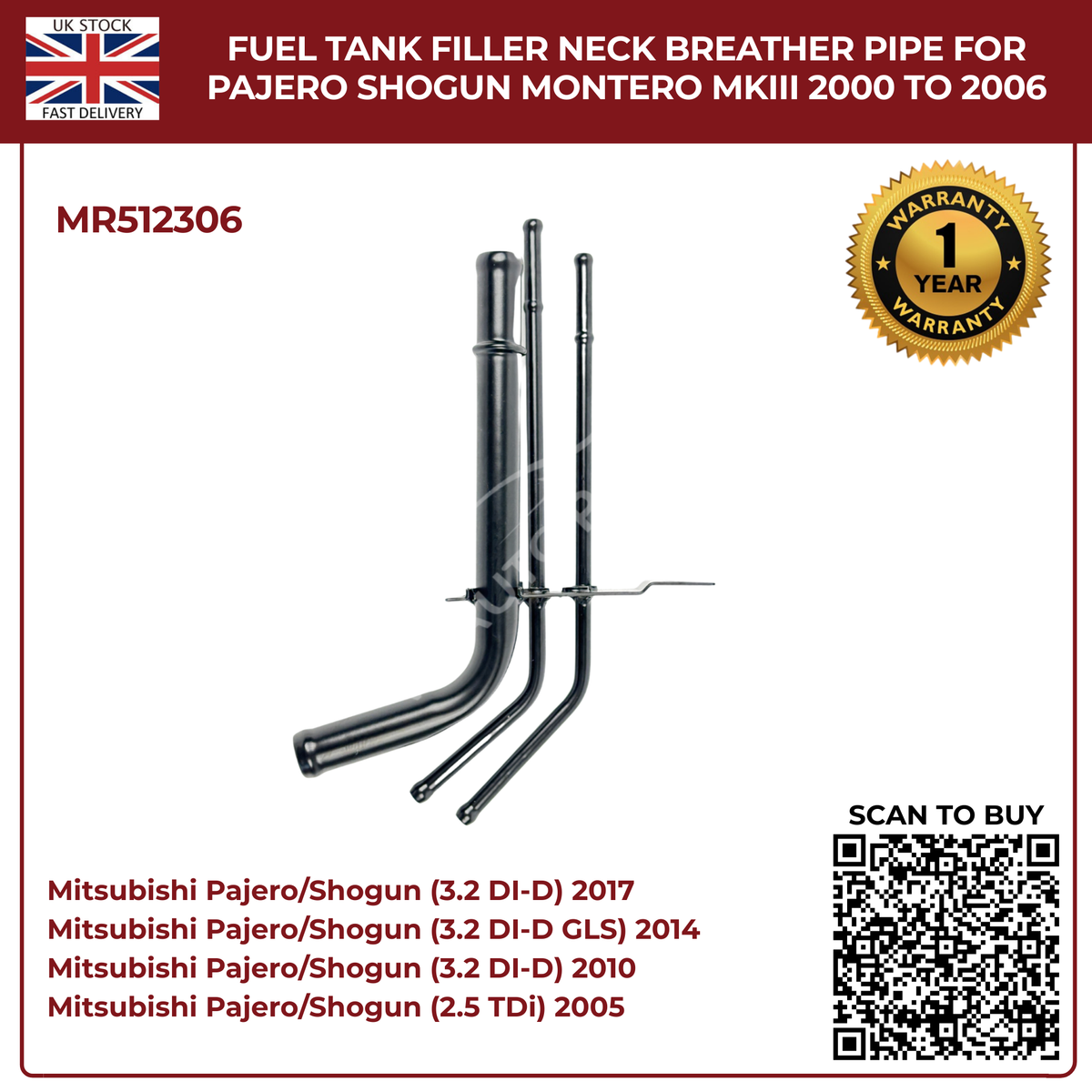 Fuel Tank Filler Neck Breather Pipe MR512306 For Mitsubishi Pajero Shogun Montero MK3 (2000–2006 Diesel)