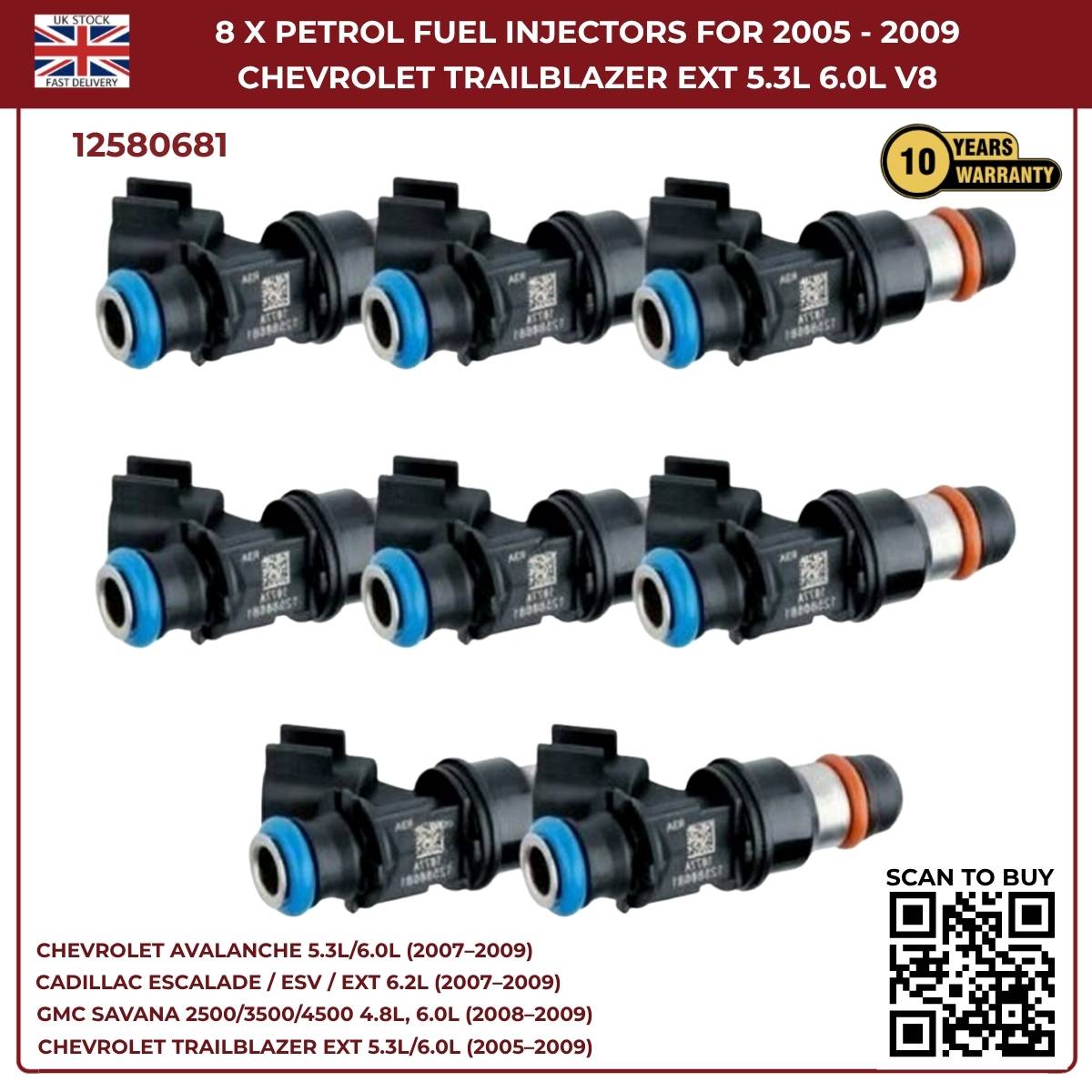 8x Fuel Injectors – Fits 2007–2010 Chevrolet Silverado 1500 / 2500HD / 3500HD – OEM Replacement