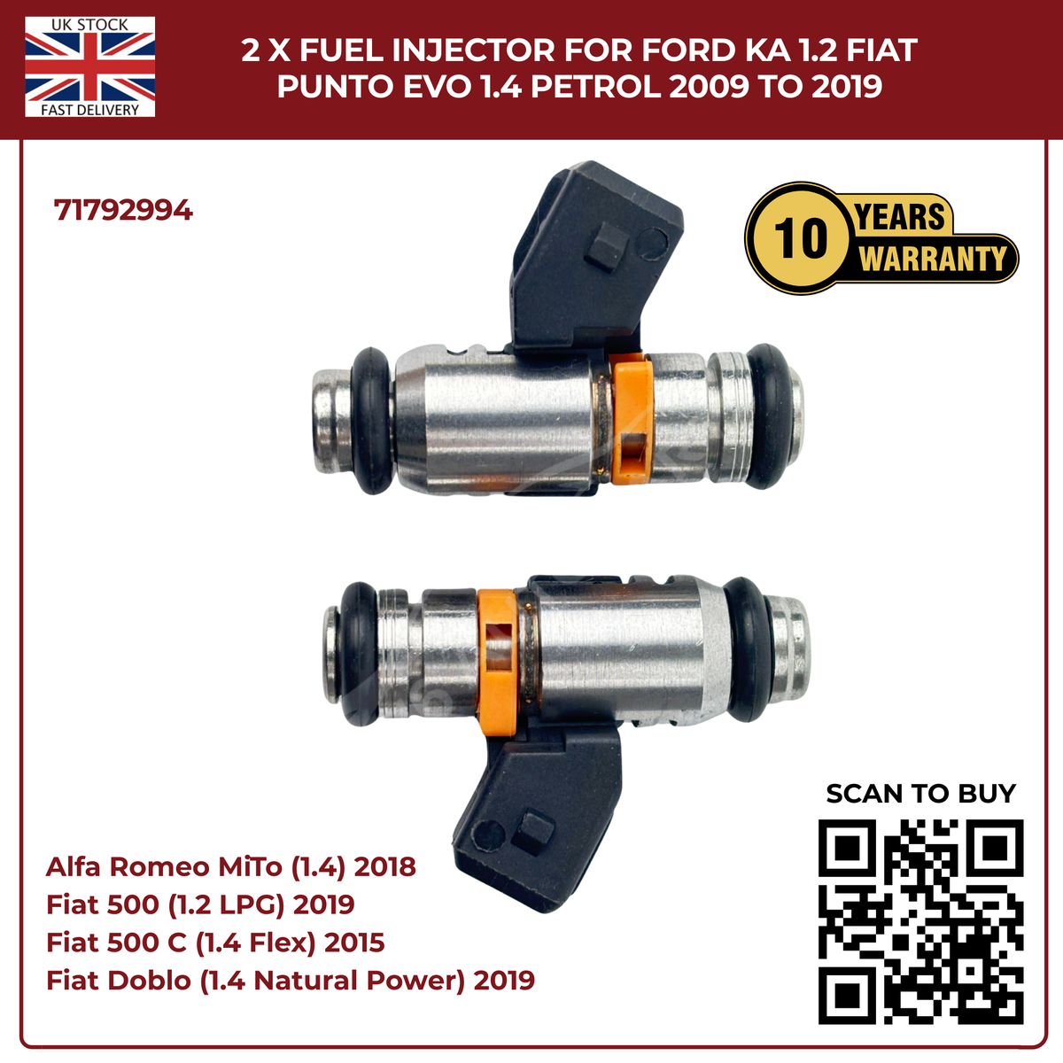 2× Fuel Injectors 71792994 – Fits 2009–2019 Ford Ka 1.2 & Fiat Punto Evo 1.4 Petrol