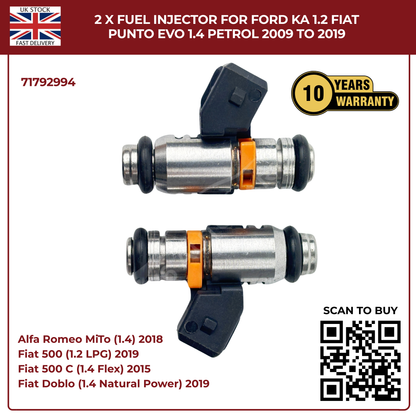 2× Fuel Injectors 71792994 – Fits 2009–2019 Ford Ka 1.2 & Fiat Punto Evo 1.4 Petrol