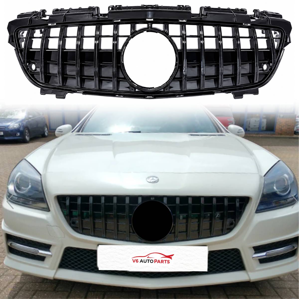 Front Black Panamericana GT-R Replacement Grille for Mercedes SLK-Class R172 (2011-2016) AMG Style, Distronic Compatible