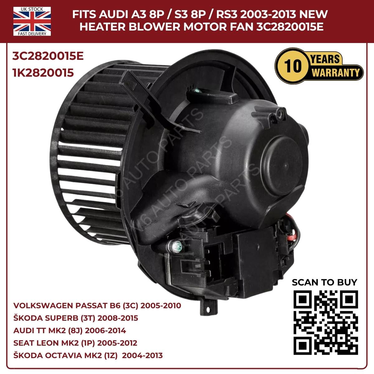 Heater Blower Motor Fan For Audi TT MK2 2006–2014 / A3 8P S3 – OEM 1K2820015A, 3C2820015E