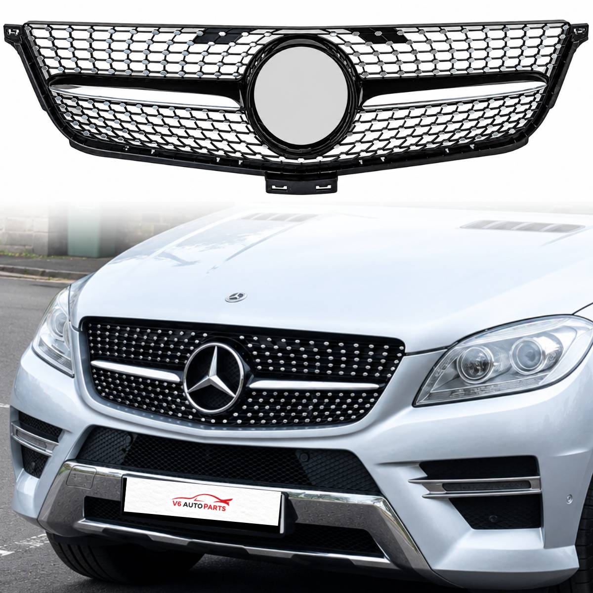 For Mercedes M‑Class X166 ML63 AMG Front Radiator Diamond Grille Black Chrome (2011–2016)