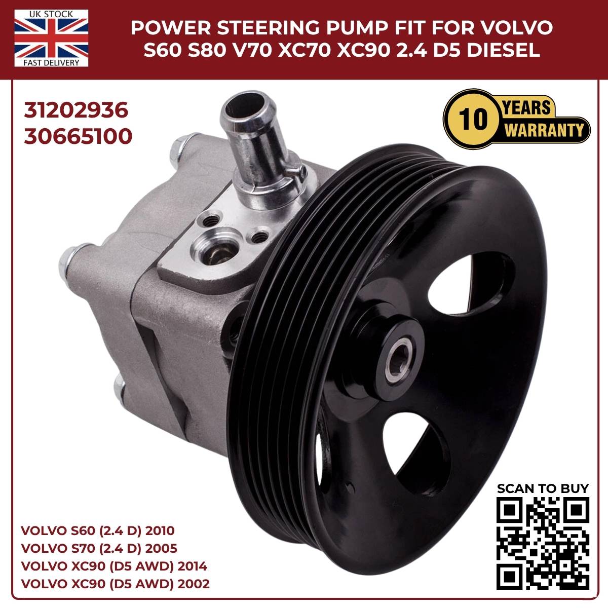 Image of replacement hydraulic power steering pump OEM 30665100 / 31202936 for Volvo