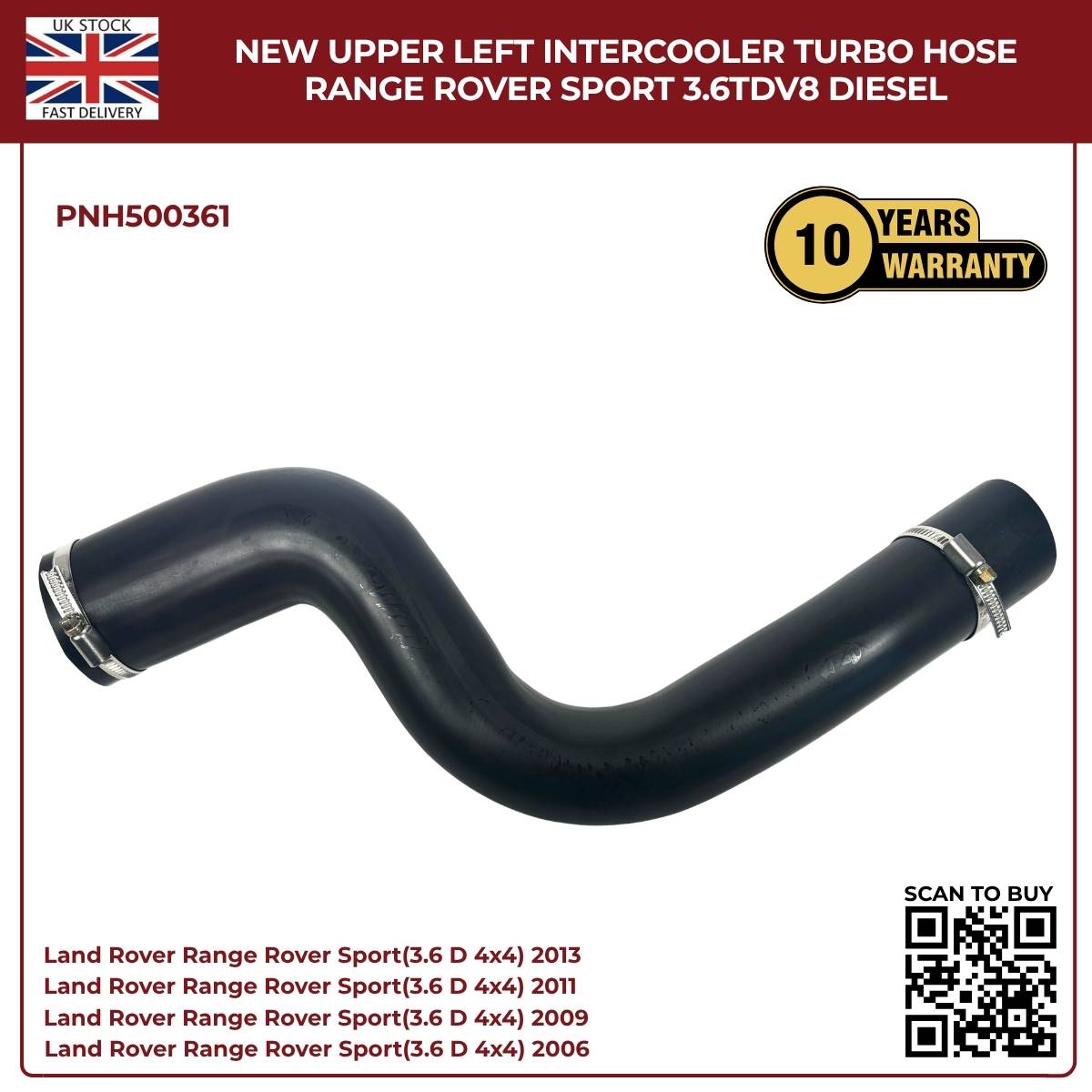 Range Rover Sport 3.6 TDV8 Intercooler Turbo Hose – Upper Left (PNH500361, Diesel OE Replacement)