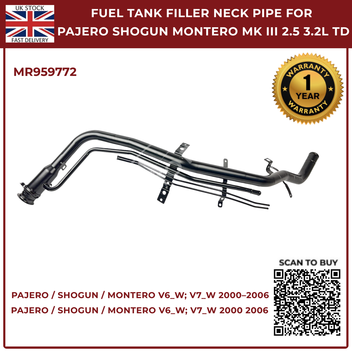 Fuel Tank Filler Neck Pipe MR959772 for Mitsubishi Pajero Shogun Montero Mk3 2000–2006 TD